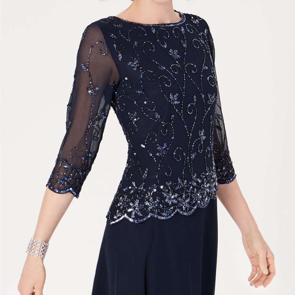 J Kara Beaded-Overlay Gown Navy Blue Size 8 - Picture 3 of 4